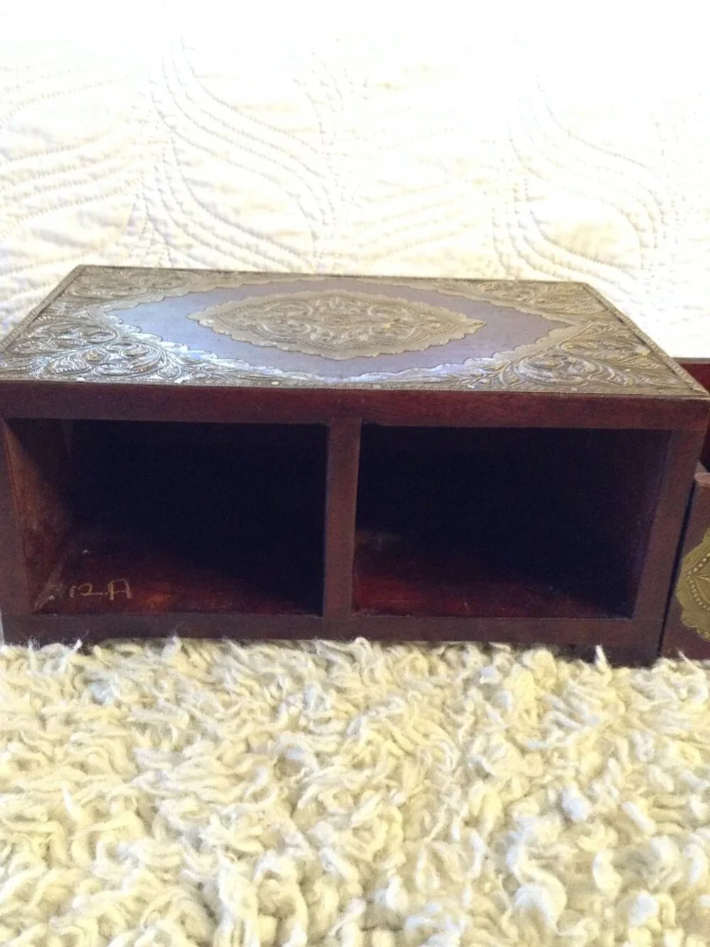 VTG '70-90's Jewelry Box wooden Boho Brass Embossed Embellishments 2 drawer